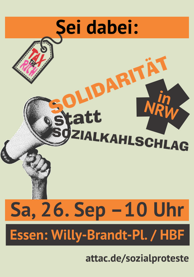 Plakat: Sei dabei! Solidarität statt Sozialkahlschlag in NRW – Sa, 26. Sep, 10 Uhr, Essen: Willy-Brandt-Platz / HBF