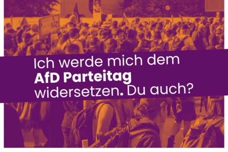 Der Slogan: "Ich werde mich dem AfD Parteitag widersetzen. Du auch? 10.-12. Januar 2025 in Riesa. AfD Bundesparteitag verhindern". Der Hintergrund ist eine verschwommene Menschenmenge in lila und orange.