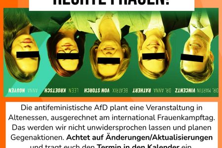 Ein Sharepic, auf dem der Text steht: "AntifeministInnen am Frauenkampftag? Frauenrechte statt rechte Frauen! Die antifeministische AfD plant eine Veranstaltung in Altenessen, ausgerechnet am international Frauenkampftag. Das werden wir nicht unwidersprochen lassen und planen Gegenaktionen. Achtet auf Änderungen/Aktualisierungen und tragt euch den Termin in den Kalender ein.  08.03.2025, 12 Uhr Altenessener Markt"