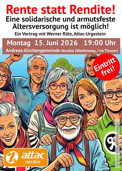 Einladungs-Flyer zur Attac-Veranstaltung "Rente statt Rendite", am 15. Juni 2026 in Norden